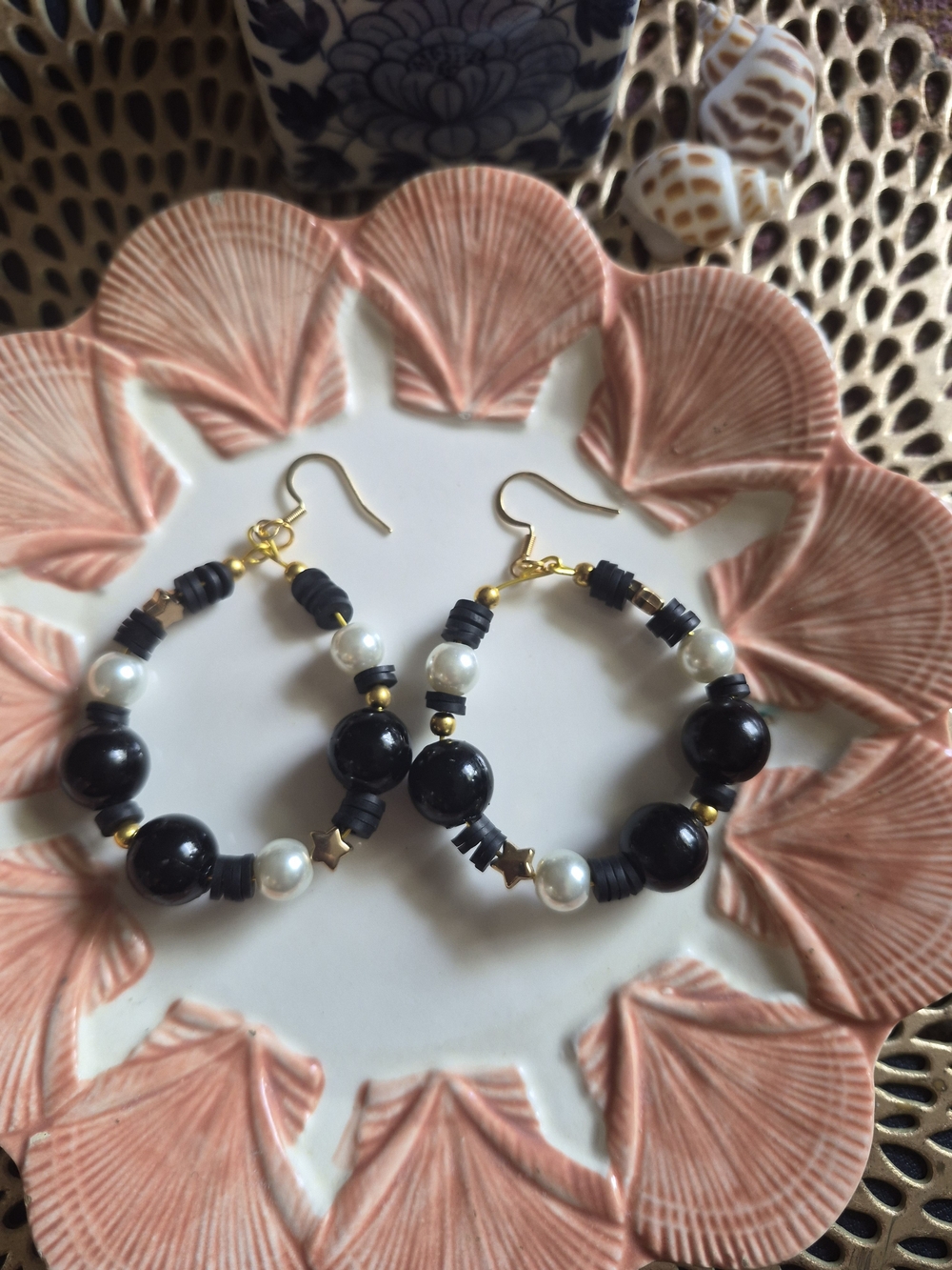 Gold-Accent Black and White Beaded Hoop Earrings